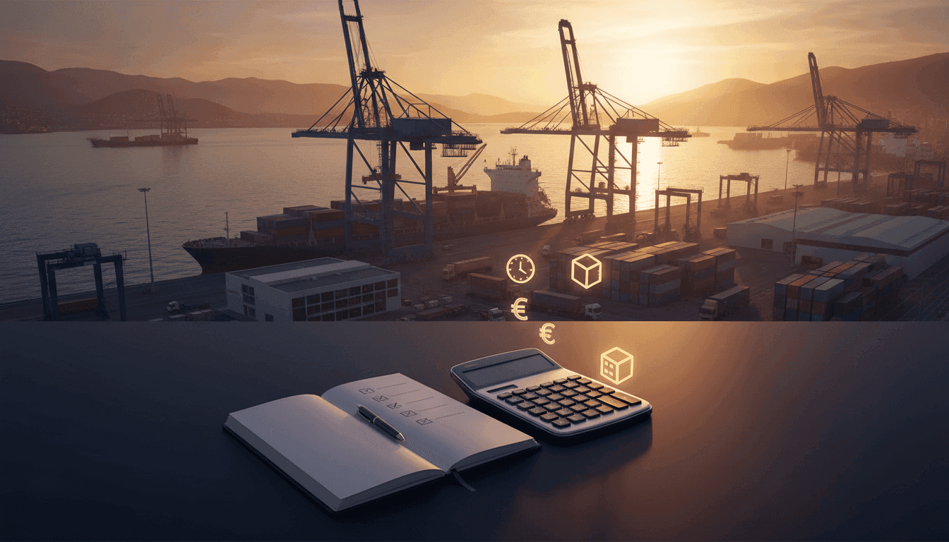 Libreta de notas, calculadora y lista de verificación con iconos de tiempo, costo y carga para analizar resultados de importación.