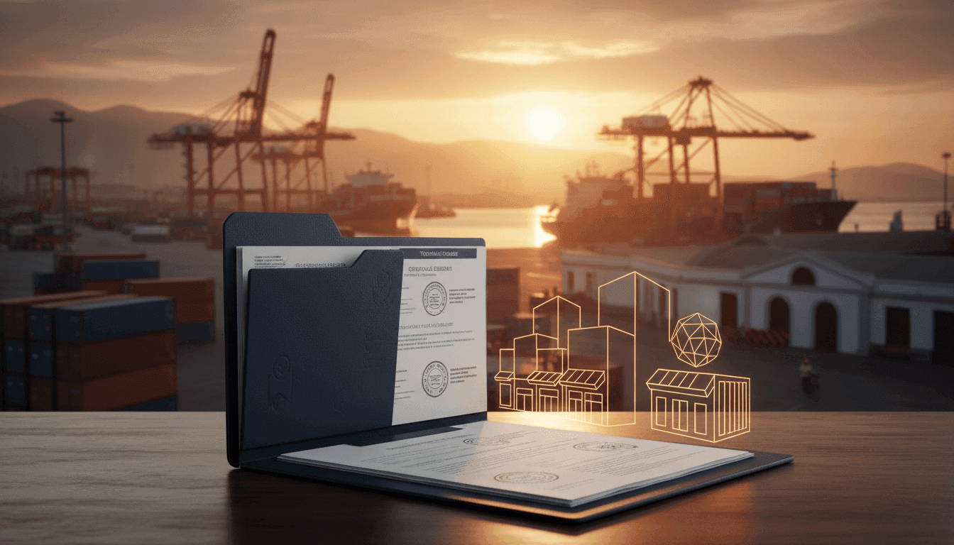 Expediente técnico con sellos de certificación y lista de verificación junto a iconos de retail y contenedores.