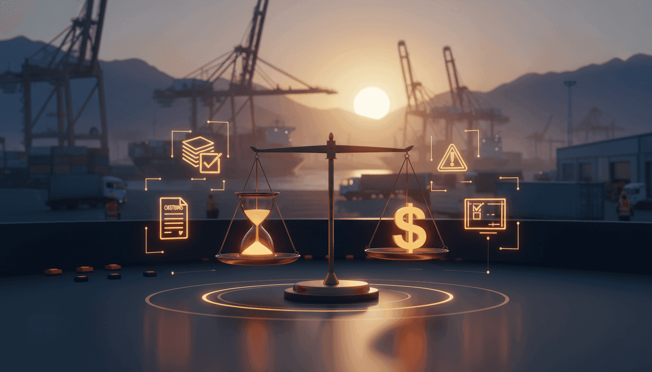 Balanza equilibrando tiempo y costos logísticos junto a iconos de contenedores y documentos de importación.