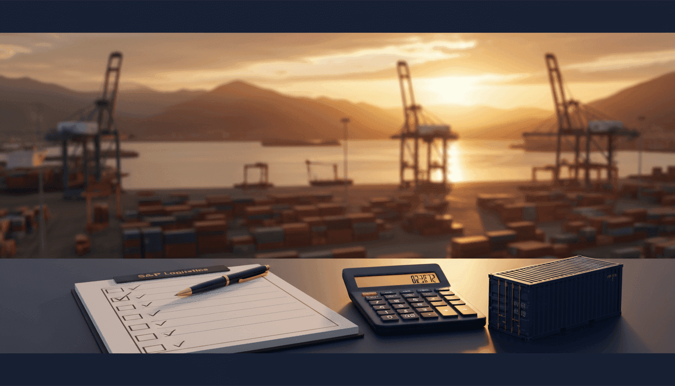 Cuaderno con checklist, calculadora y modelo de contenedor representando planificación de costos de importación.