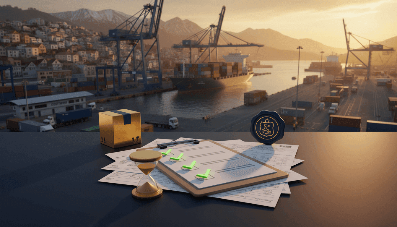 Checklist de revisión sobre documentos de importación con íconos de caja, sello y reloj.