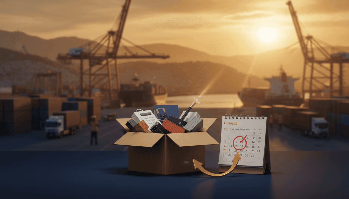 Caja con productos variados y un calendario indicando una entrega rápida hacia el fin de año.