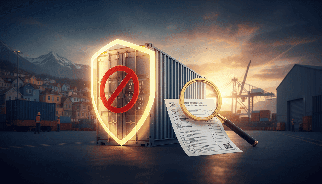 Escudo protector sobre un contenedor con íconos de documentos aprobados y una lupa de revisión.