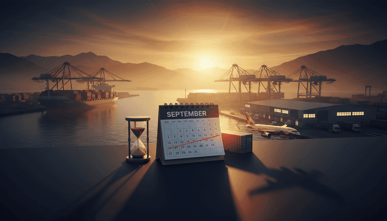 Calendario de septiembre con marca de límite, reloj de arena, contenedor marítimo y avión de carga.