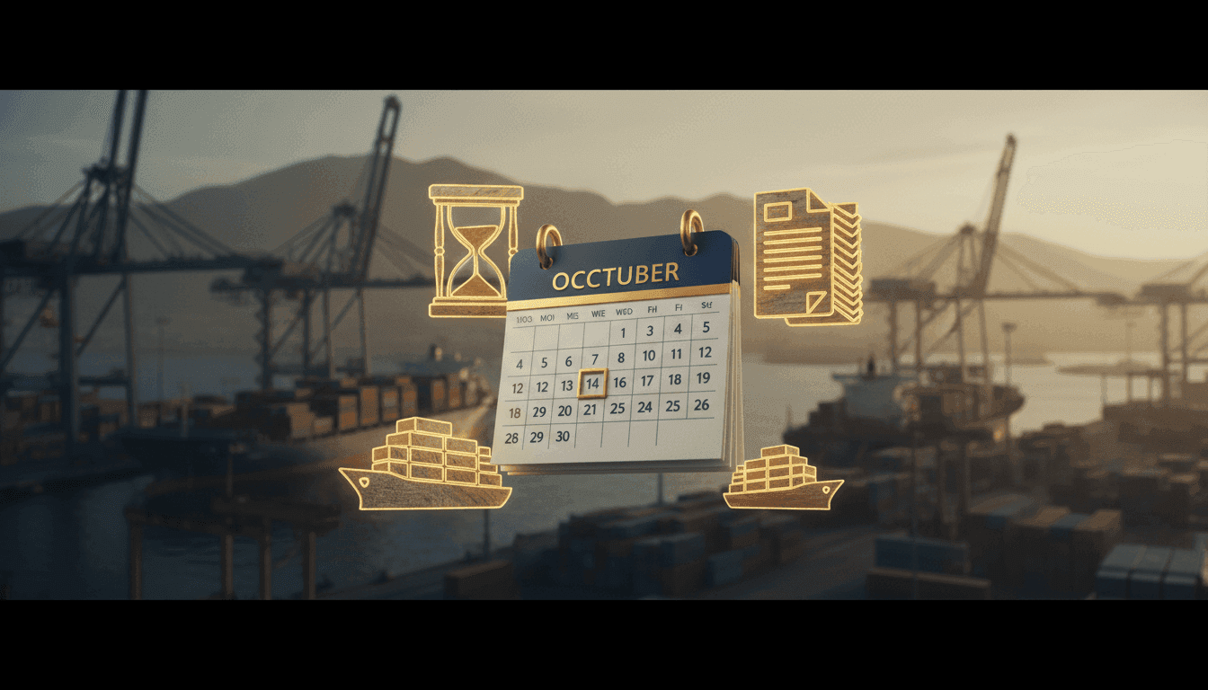 Calendario con la primera semana de octubre marcada junto a íconos de barco, reloj de arena y documentos de embarque.
