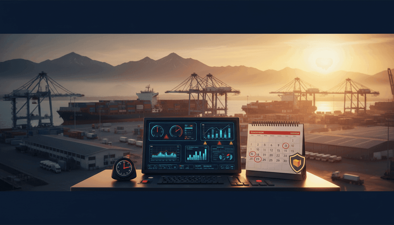 Tablero de control logístico con alertas, calendario marcado y un escudo protector sobre un contenedor.